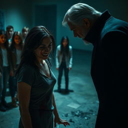 A dramatic scene featuring a woman named Denise, bloodied but filled with rage, standing trembling with a fierce expression on her face