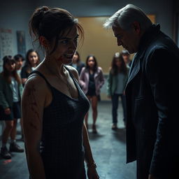 A dramatic scene featuring a woman named Denise, bloodied but filled with rage, standing trembling with a fierce expression on her face