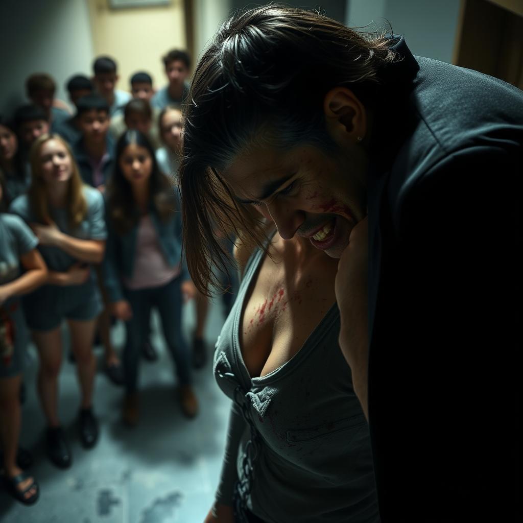 A dramatic scene featuring a woman named Denise, bloodied but filled with rage, standing trembling with a fierce expression on her face