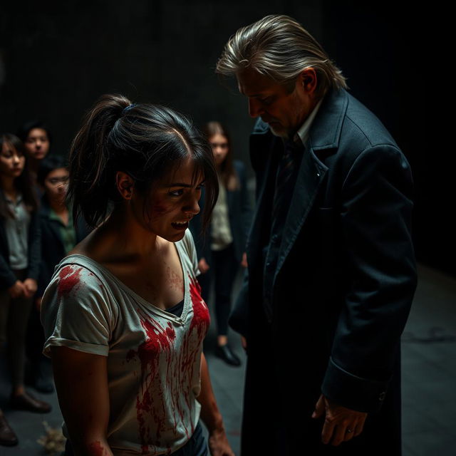 A dramatic scene featuring a woman named Denise, bloodied but filled with rage, standing trembling with a fierce expression on her face