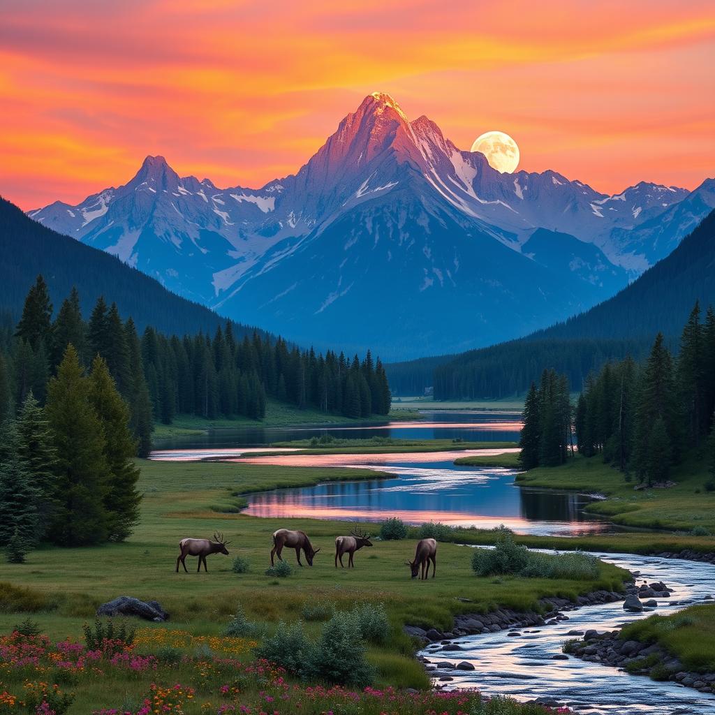 A breathtaking landscape of Montana showcasing the majestic Rocky Mountains during sunset, with vivid orange and pink hues in the sky
