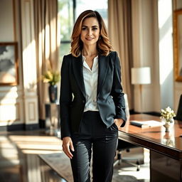 A confident and elegant woman in formal attire, standing in a luxurious office setting
