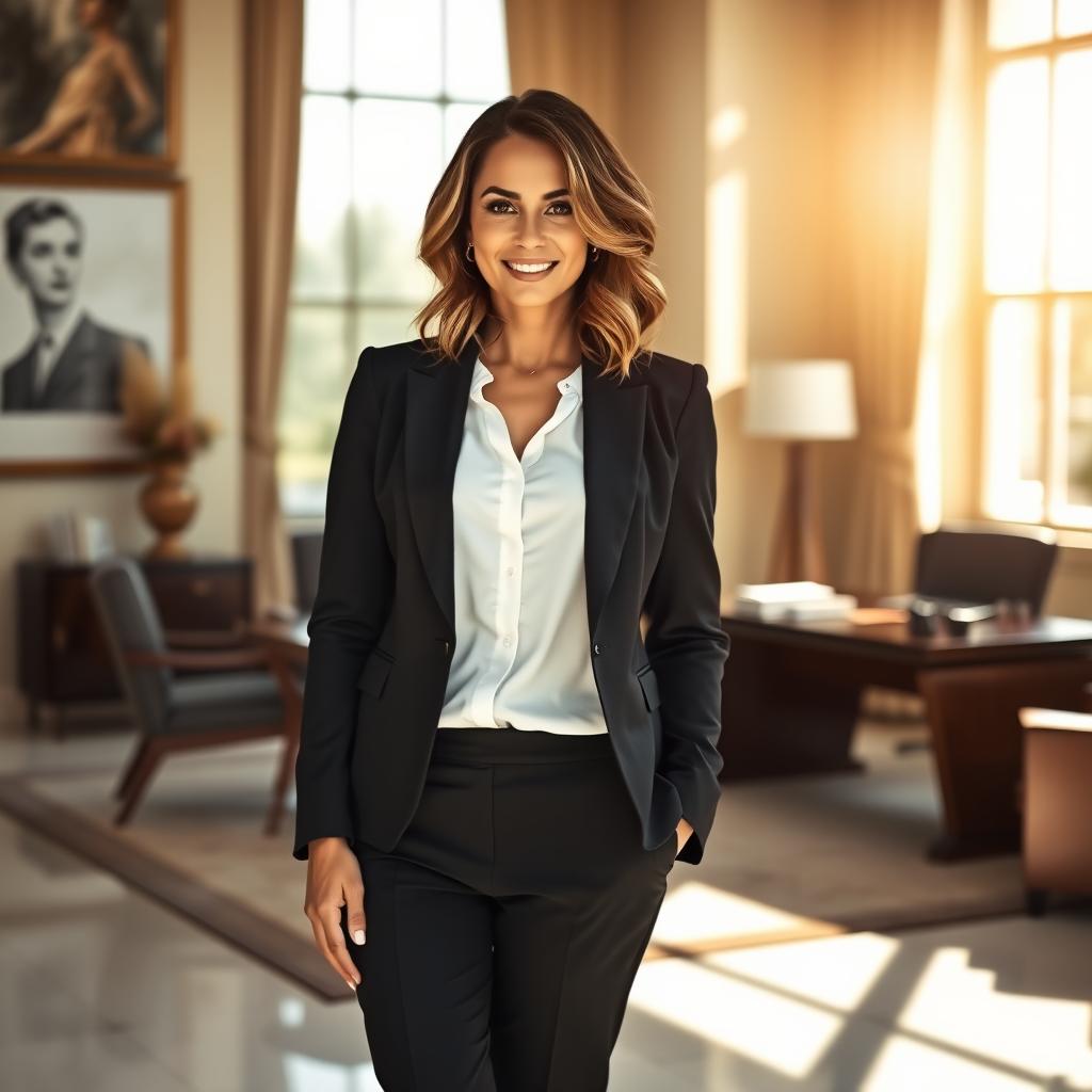 A confident and elegant woman in formal attire, standing in a luxurious office setting