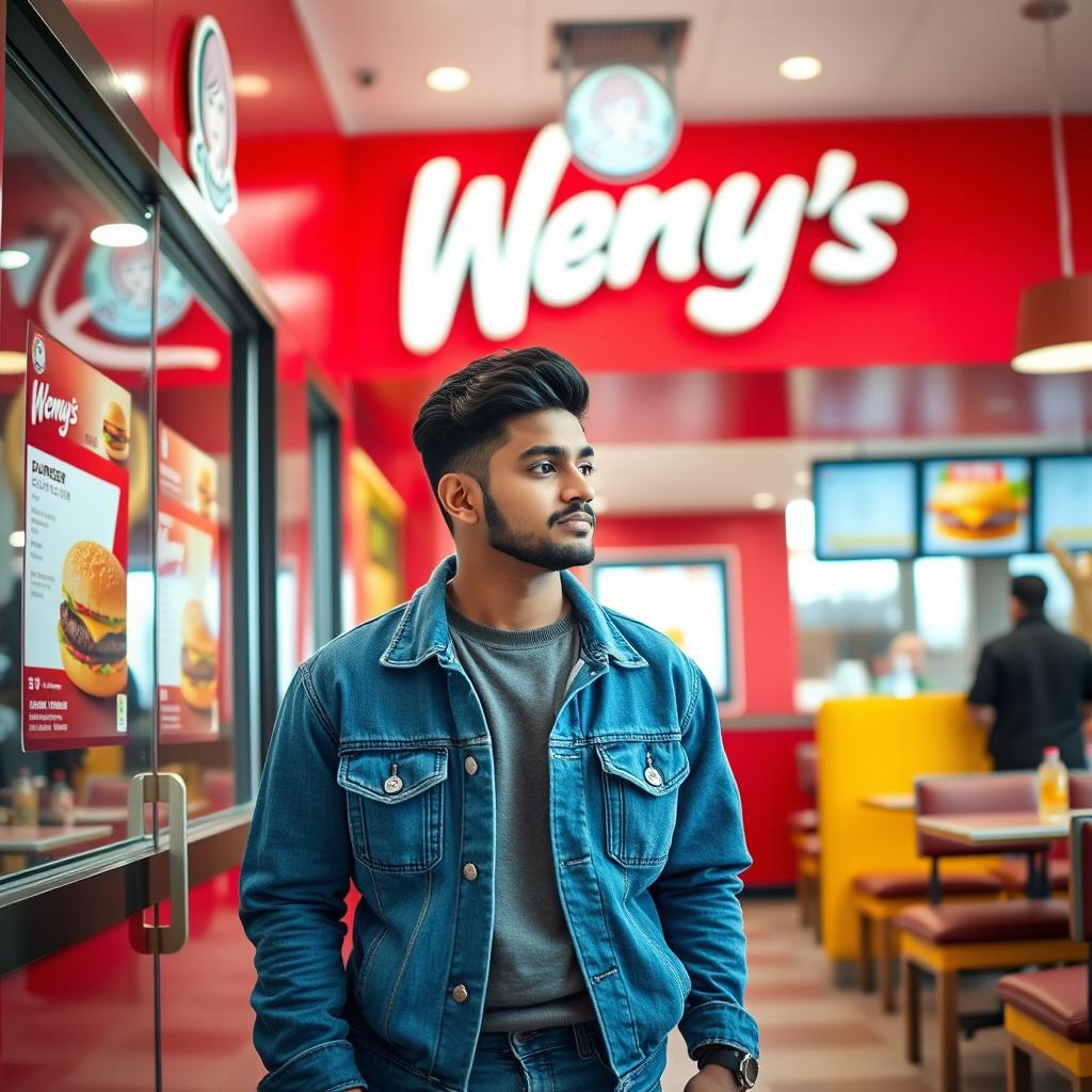An Indian man named Amir walking into a Wendy's fast-food restaurant