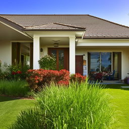 Beautiful suburban house with a lush green lawn and vibrant flowers on a sunny day