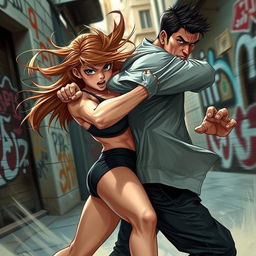 A dynamic and intense scene depicting a girl in a fierce action pose, attempting to escape a strong back hug from a male opponent