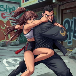 A dynamic and intense scene depicting a girl in a fierce action pose, attempting to escape a strong back hug from a male opponent