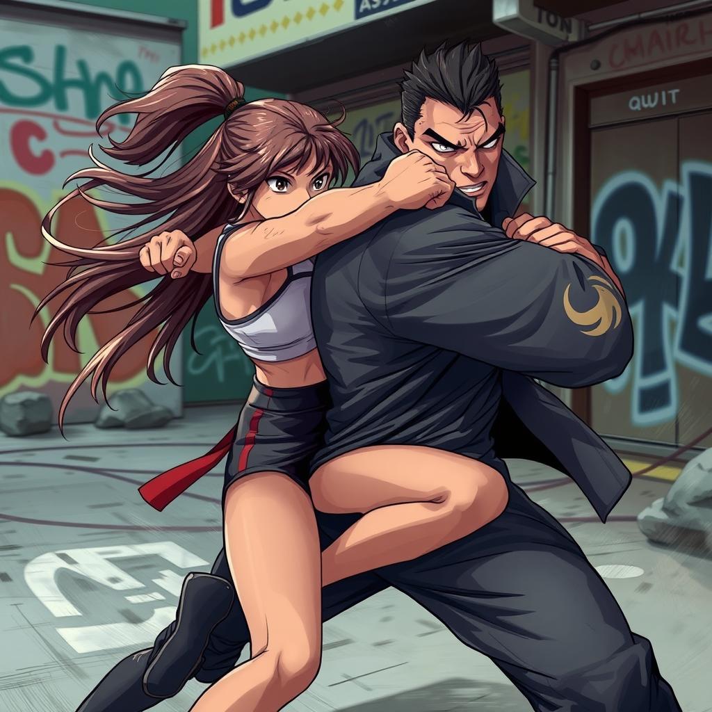 A dynamic and intense scene depicting a girl in a fierce action pose, attempting to escape a strong back hug from a male opponent
