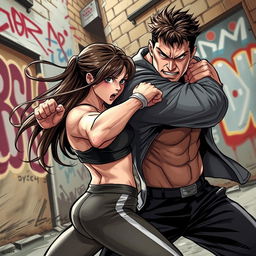 A dynamic and intense scene depicting a girl in a fierce action pose, attempting to escape a strong back hug from a male opponent