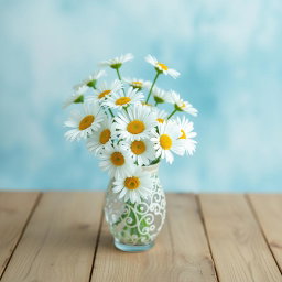A beautiful, delicate bouquet of white daisies arranged in an intricate openwork vase sits elegantly on a wooden table