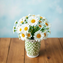 A beautiful, delicate bouquet of white daisies arranged in an intricate openwork vase sits elegantly on a wooden table