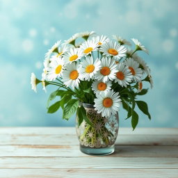 A beautiful, delicate bouquet of white daisies arranged in an intricate openwork vase sits elegantly on a wooden table