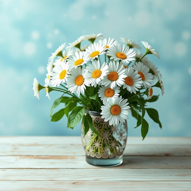 A beautiful, delicate bouquet of white daisies arranged in an intricate openwork vase sits elegantly on a wooden table