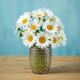 A beautiful, delicate bouquet of white daisies arranged in an intricate openwork vase sits elegantly on a wooden table