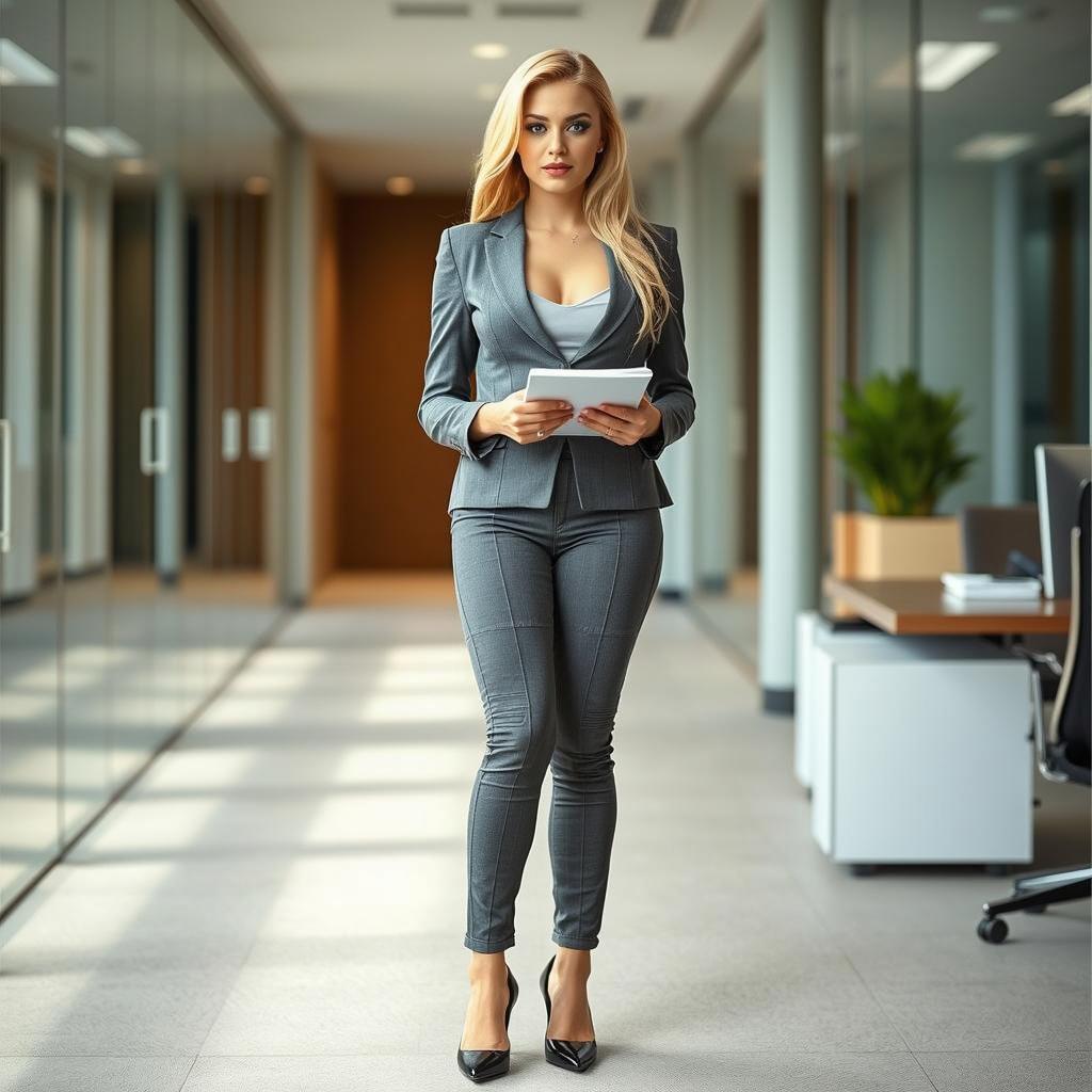 A full-length photographic image of a poised young woman with long, flowing blond hair, dressed in a stylish grey business suit