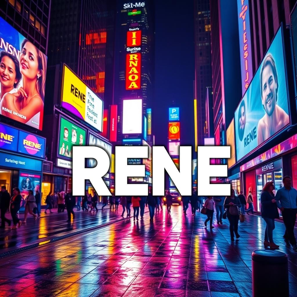 A vibrant, neon-lit scene of a bustling city street at night, featuring the word 'RENE' prominently displayed in the same stylish font used previously