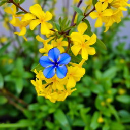 A delicate arrangement featuring a branch adorned with vibrant yellow flowers, interspersed with lush green leaves, and prominently showcasing a single striking blue flower nestled among them