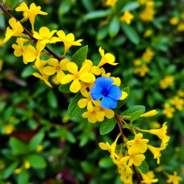 A delicate arrangement featuring a branch adorned with vibrant yellow flowers, interspersed with lush green leaves, and prominently showcasing a single striking blue flower nestled among them