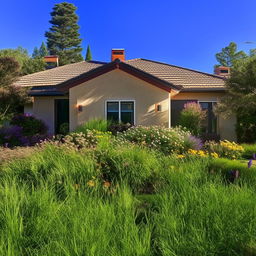 Beautiful suburban house with a lush green lawn and vibrant flowers on a sunny day