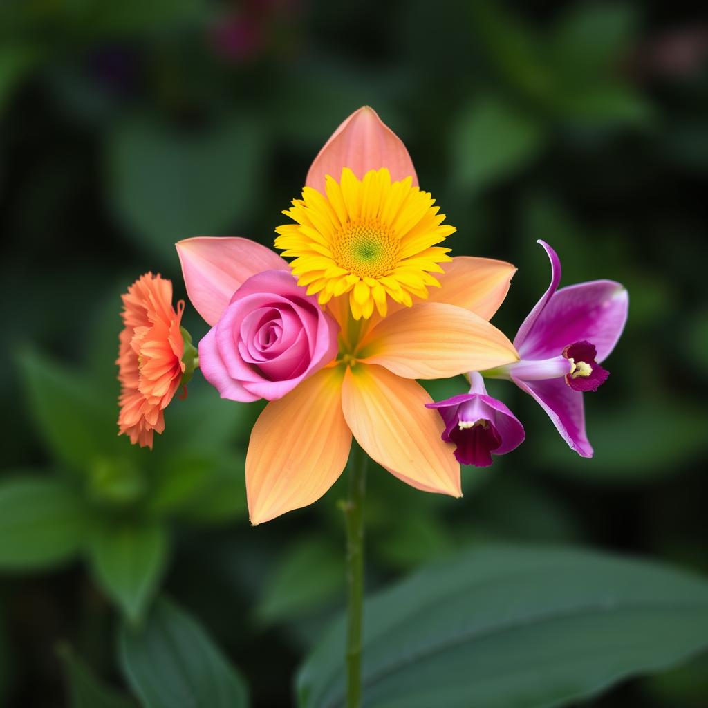 A unique flower composed of five different petals, each distinctly representing a different flower type: one petal shaped like a carnation, another like a sunflower with its vibrant yellow face, a delicate rose petal, a smooth and elegant lily petal, and a vibrant orchid petal