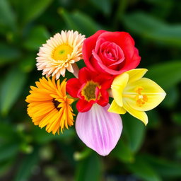 A unique flower composed of five different petals, each distinctly representing a different flower type: one petal shaped like a carnation, another like a sunflower with its vibrant yellow face, a delicate rose petal, a smooth and elegant lily petal, and a vibrant orchid petal