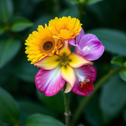 A unique flower composed of five different petals, each distinctly representing a different flower type: one petal shaped like a carnation, another like a sunflower with its vibrant yellow face, a delicate rose petal, a smooth and elegant lily petal, and a vibrant orchid petal