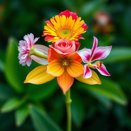 A unique flower composed of five different petals, each distinctly representing a different flower type: one petal shaped like a carnation, another like a sunflower with its vibrant yellow face, a delicate rose petal, a smooth and elegant lily petal, and a vibrant orchid petal