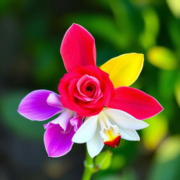 A beautiful flower composed of five distinct petals, each petal representing a different type of flower: a vibrant pink carnation petal, a bright yellow sunflower petal, a rich red rose petal, a delicate white lily petal, and an elegant purple orchid petal