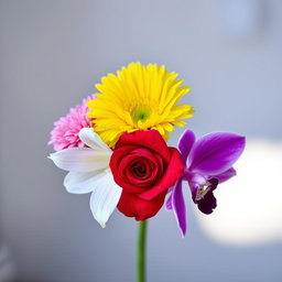 A beautiful flower composed of five distinct petals, each petal representing a different type of flower: a vibrant pink carnation petal, a bright yellow sunflower petal, a rich red rose petal, a delicate white lily petal, and an elegant purple orchid petal