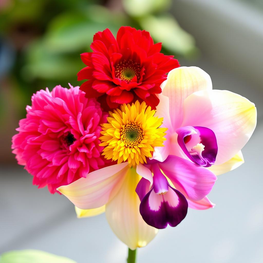 A beautiful flower composed of five distinct petals, each petal representing a different type of flower: a vibrant pink carnation petal, a bright yellow sunflower petal, a rich red rose petal, a delicate white lily petal, and an elegant purple orchid petal
