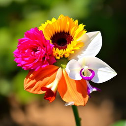 A beautiful flower composed of five distinct petals, each petal representing a different type of flower: a vibrant pink carnation petal, a bright yellow sunflower petal, a rich red rose petal, a delicate white lily petal, and an elegant purple orchid petal