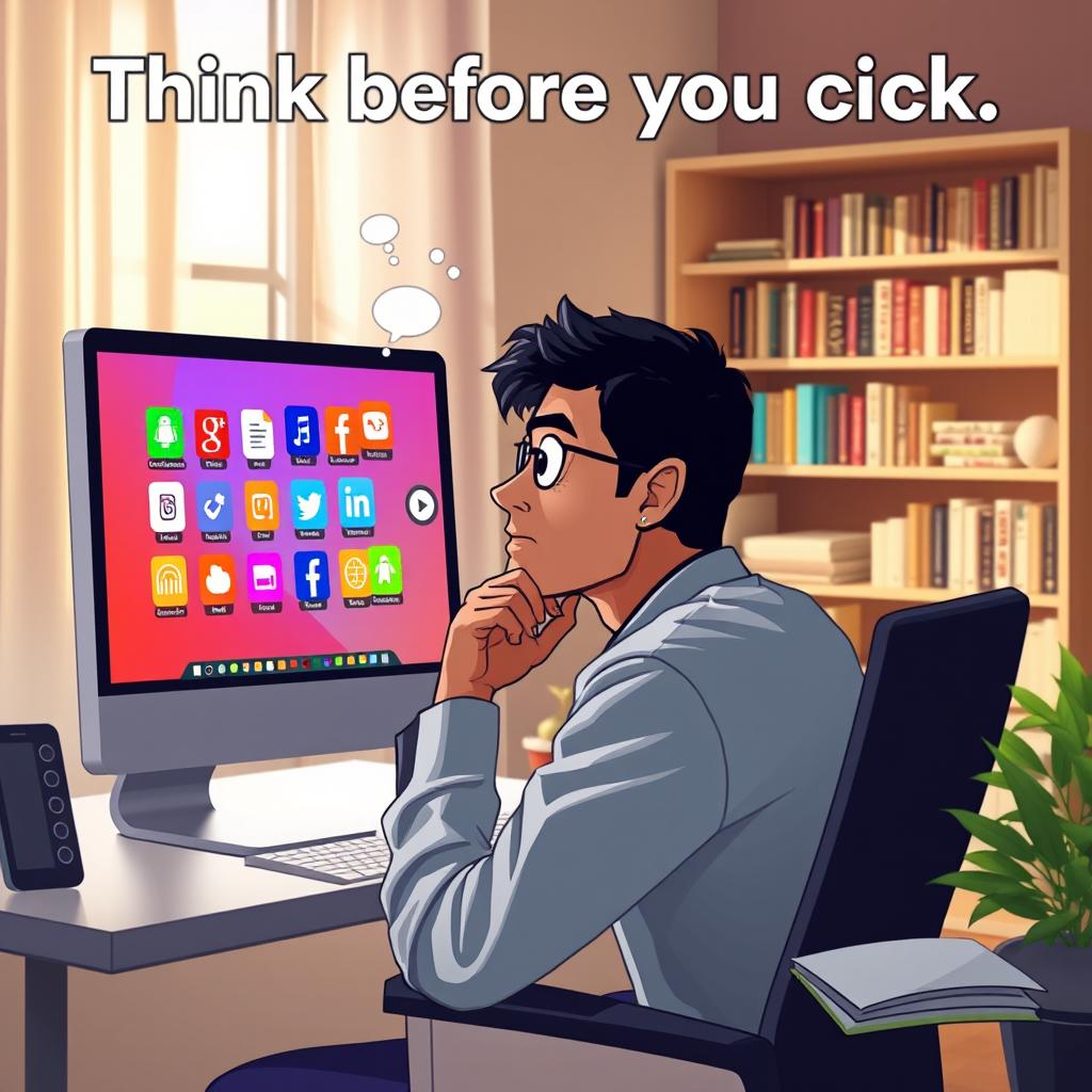 A thought-provoking artwork representing the concept "Think before you click"