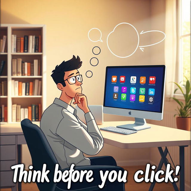 A thought-provoking artwork representing the concept "Think before you click"