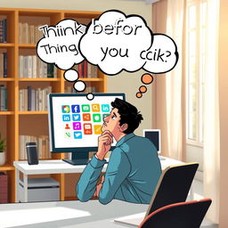 A thought-provoking artwork representing the concept "Think before you click"