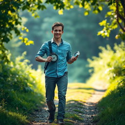 A conceptual image depicting a young man walking with a compass in hand, symbolizing his journey towards God