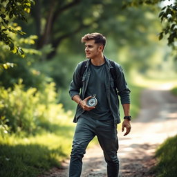 A conceptual image depicting a young man walking with a compass in hand, symbolizing his journey towards God