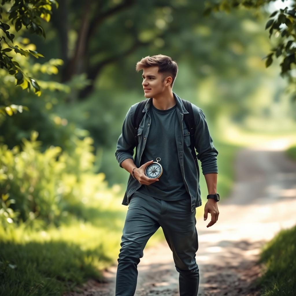 A conceptual image depicting a young man walking with a compass in hand, symbolizing his journey towards God