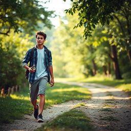 A conceptual image depicting a young man walking with a compass in hand, symbolizing his journey towards God