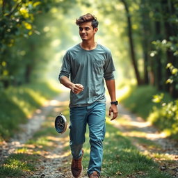 A conceptual image depicting a young man walking with a compass in hand, symbolizing his journey towards God