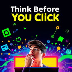 A visually striking poster with the phrase 'Think Before You Click' boldly displayed at the top