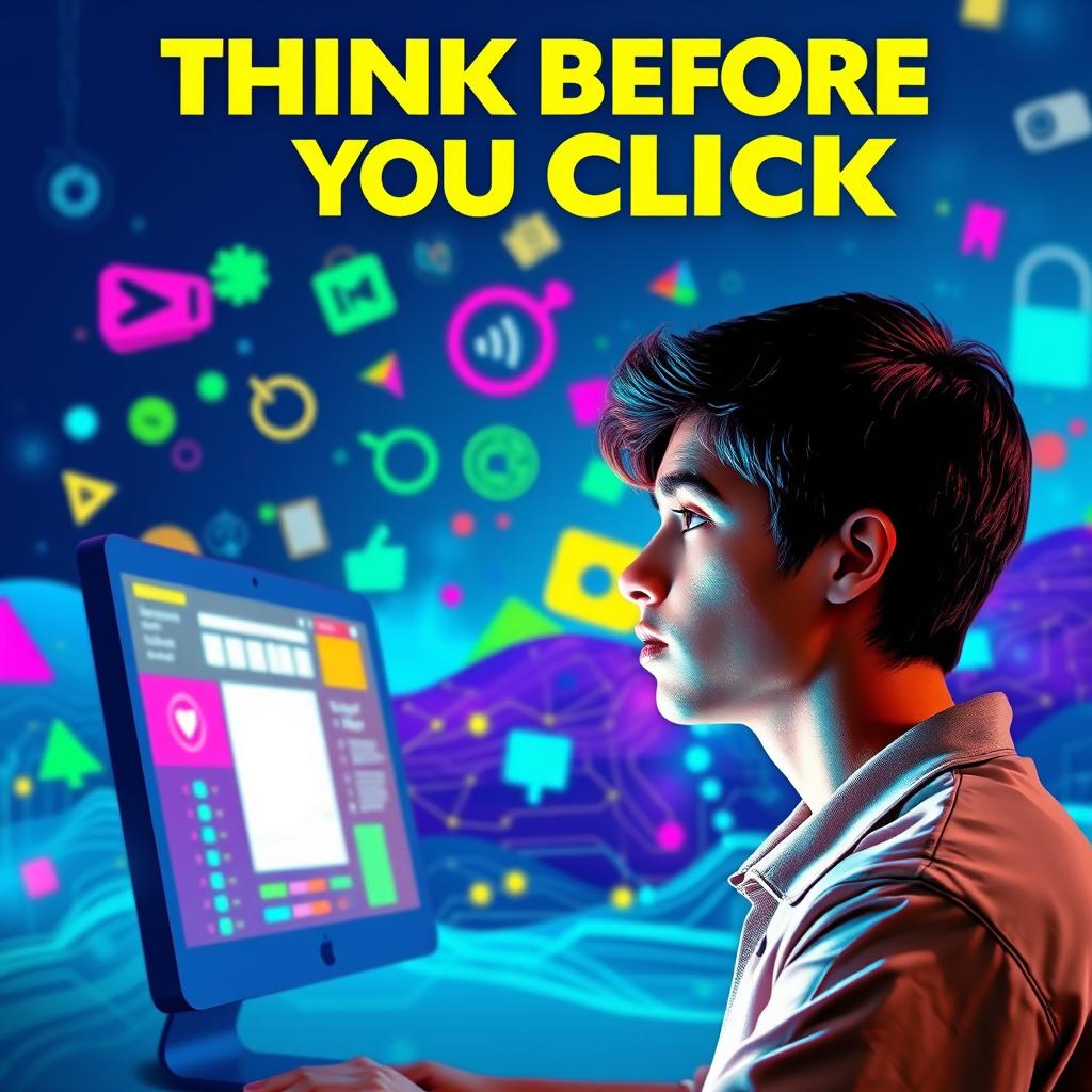 A visually striking poster with the phrase 'Think Before You Click' boldly displayed at the top