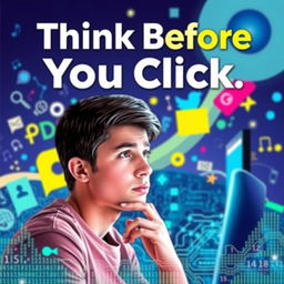A visually striking poster with the phrase 'Think Before You Click' boldly displayed at the top