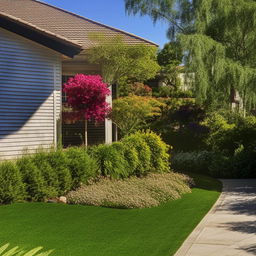 Beautiful suburban house with a lush green lawn and vibrant flowers on a sunny day