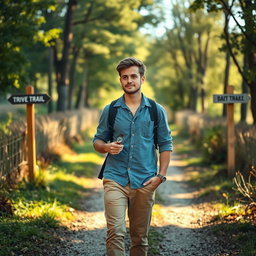 A young man confidently walking on a path between two diverging trails, holding a compass in his hand, symbolizing his journey towards faith and direction in life