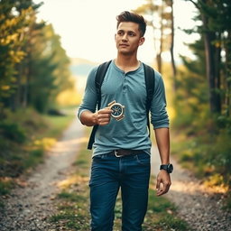 A young man confidently walking on a path between two diverging trails, holding a compass in his hand, symbolizing his journey towards faith and direction in life