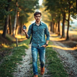 A young man confidently walking on a path between two diverging trails, holding a compass in his hand, symbolizing his journey towards faith and direction in life
