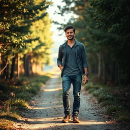 A young man confidently walking on a path between two diverging trails, holding a compass in his hand, symbolizing his journey towards faith and direction in life