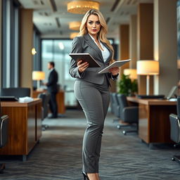A full-length photo of a beautiful and stunning sexy blonde woman resembling Marina Laswick, displaying fat, plump wide bowed hips, fat round thick thighs, and fat thick legs