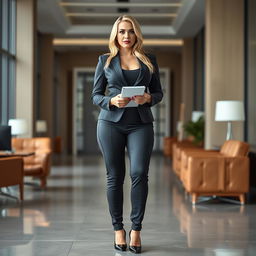 A full-length photo of a beautiful and stunning sexy blonde woman resembling Marina Laswick, exhibiting fat, plump wide bowed hips, fat round thick thighs, and fat thick legs