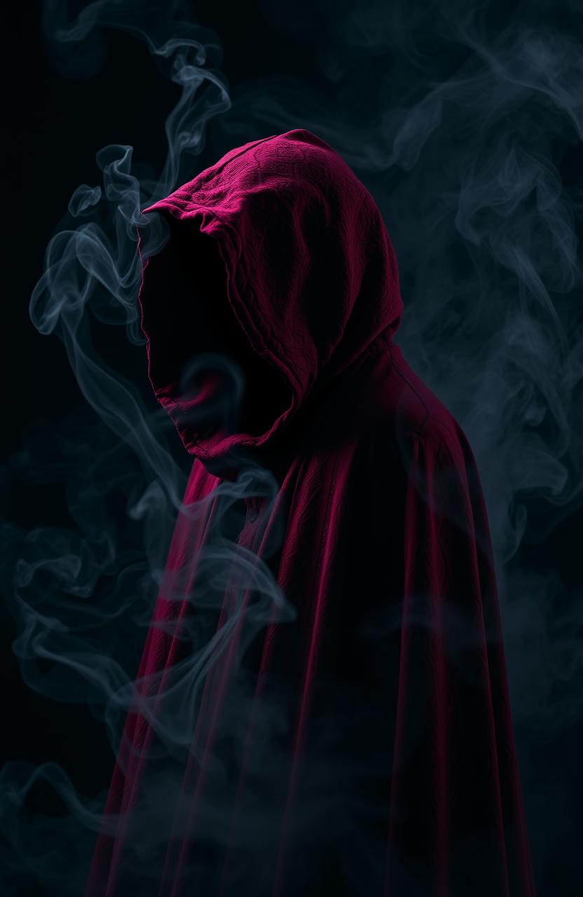 A deep red hooded cloak enveloped in swirling black and white smoke, creating an ethereal and mysterious atmosphere
